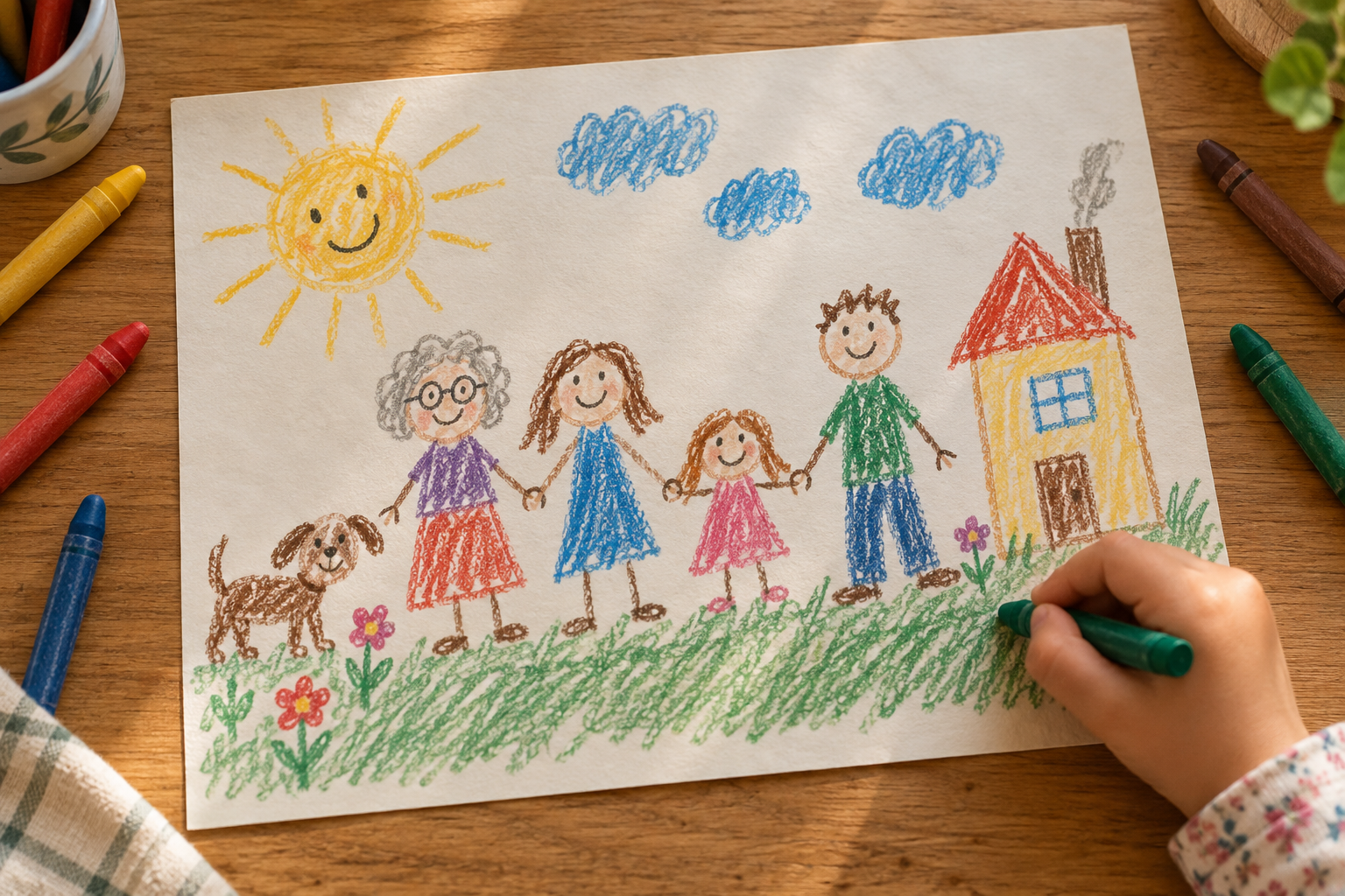A child's crayon drawing of Mia, her parents, Grandma, their dog, and their home.