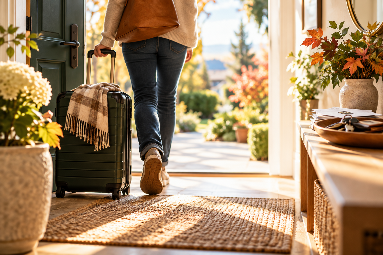 Traveller leaving home with a suitcase through a sunlit doorway before a vacation.